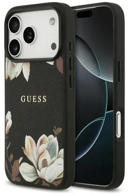 Zdjęcie produktu dla Etui Guess Grained Flowers Classic Logo MagSafe do iPhone 17 Pro czarny