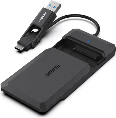 A black external hard drive enclosure with a USB-C/USB-A cable attached.