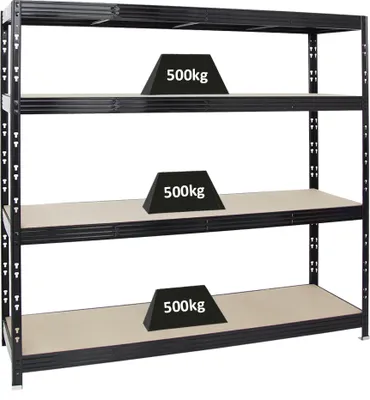 Produktbild von Profi Schwerlastregal RHINO | HxBxT 180x200x60cm | 4 Spanplatten-Ebenen 8mm | Fachlast 500kg | Schwarz