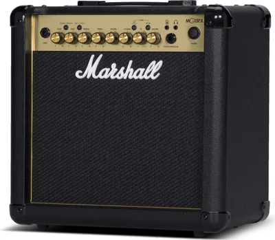 A black and gold Marshall guitar amplifier is shown from the front.