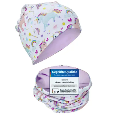 Produktbild von HECKBO Kinder Mädchen Beanie Mütze & Loop-Schal Set - für Frühling, Sommer, Herbst & Winter - Wendemütze Einhorn - 2 bis 8 Jahren - 95% Baumwolle - weiches & pflegeleichtes Stretch-Material