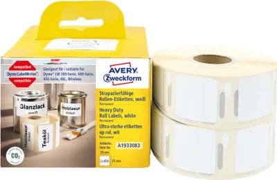 Produktbild von Avery Zweckform A1933083, Rollen-Etiketten, 25 x 25  mm, 1.700 Etiketten / 2 Rollen, weiß