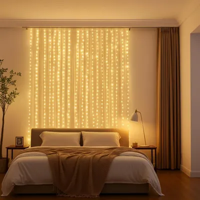 Produktbild von 2er-Set Eleganter LED-Lichtervorhang mit Fernbedienung, warmweiss, 200 LEDs, 3x3m: Gemütliche Beleuchtung & Romantische Deko für Schlafzimmer&Wohnzimm