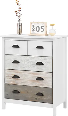 Produktbild von Weiße Kommode mit 5 Schubladen, 70x38x85cm, lackierte MDF-Kiefernholz-Oberfläche, Sideboard für Wohnzimmer & Flur