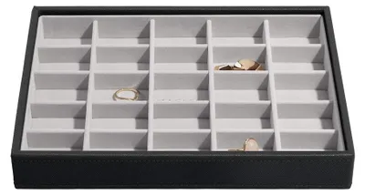 Immagine prodotto di Portagioie - Scatola portagioie - 25 x 18 x 3,7 cm - Nero con fodera in velluto grigio - 25 scomparti per gioielli