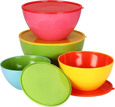 Image de Ensemble de saladiers en plastique avec couvercles, 4 tailles, empilables