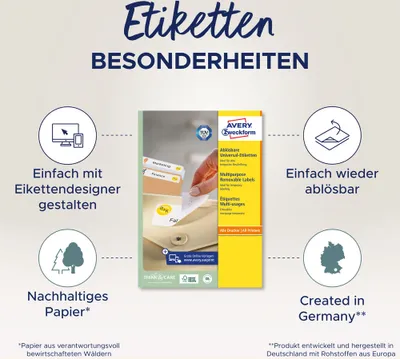 Marketing image showcasing features of Avery Zweckform labels with icons and text.