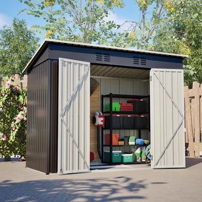 Produktbild von Metall Gerätehaus Gartenhaus mit Pultdach Fundament Schuppen Geräteschuppen 4.63m³ Schwarz