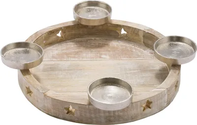 Produktbild von Holz Advents Kerzenhalter white washed - 35 cm - Kerzenständer mit Aluminium Haltern - Weihnachten Winter Tisch Dekoration Adventskranz Adventsleuchter