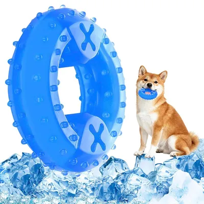 Produktbild von Kaustspielzeug für Welpen und Hunde, kühlbares Donut-Design, gefrierbar, zur Zahnpflege, Kaustraining und Spiel, TPR-Material, Sommer Hundespielzeug
