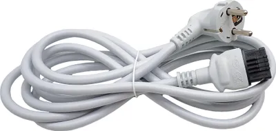 A white power cord with two different types of plugs on either end, coiled on a white background.
