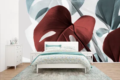 Produktbild von MuchoWow® Fototapete für Wohnzimmer oder Schlafzimmer Wandtapete Vinyl Motivtapete Monstera - Rot - Pastell - Stilleben - 435x260 cm - Kinderzimmer
