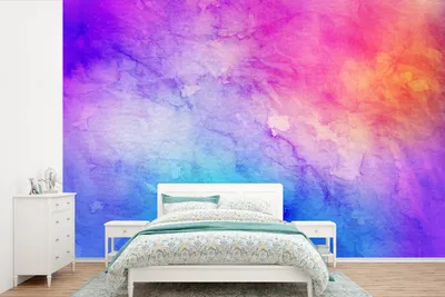 Produktbild von MuchoWow® Fototapete für Wohnzimmer oder Schlafzimmer Wandtapete Vinyl Motivtapete Wasserfarben - Orange - Rosa - Blau - 525x350 cm - Das Hintergrundbild