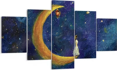 Produktbild von Bild auf Leinwand - Leinwandbild - 5 Teile - Mädchen auf der Mond - 125x70cm - Wand Bild - Wanddeko - Wandbilder - Leinwanddruck - Bilder - Wanddekoration - Leinwand bilder - Wandbild - EA125x70-4575