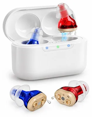 Produktbild von Hörverstärker für Senioren, Wiederaufladbarer CIC Hörverstärker mit Ladeetui, Unsichtbares In-Ear-Design, 7 Ohrpassstücke, Rot und Blau