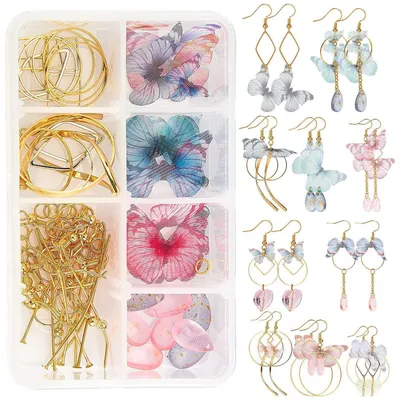 Image de Kit de création de boucles d'oreilles : 10 paires de papillons en tissu avec perles en verre et accessoires