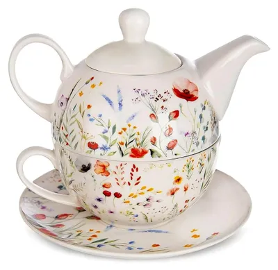 Produktbild von Teekanne mit Tasse – 2-in-1 Set aus Porzellan mit Deckel und Untertasse – Geeignet für Tee, Kräuter oder Kaffee – Spülmaschinenfest – Geschenkidee