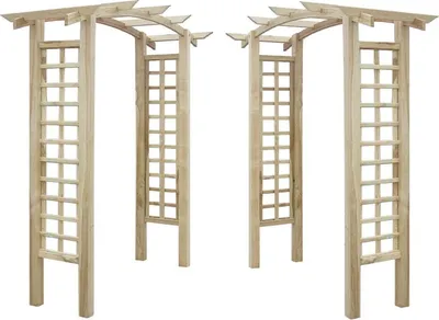 Two wooden garden pergolas with lattice sides, shown against a white background.
