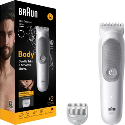 A product box for a Braun Body Groomer Series 5, with the groomer itself and an accessory shown separately.