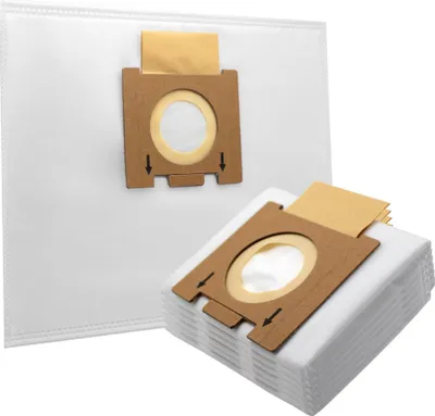Two vacuum cleaner bags are shown against a white background. One bag is laid flat, and the other is stacked on top of several more bags.