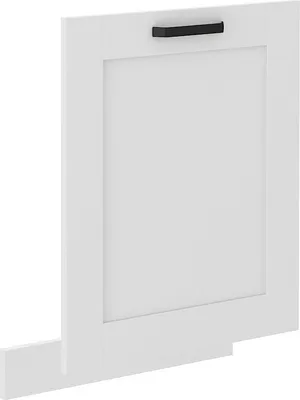A white cabinet door with a black handle, shown from a side angle.