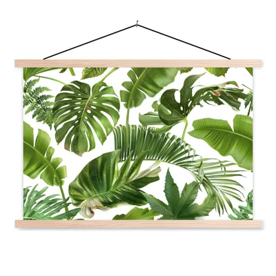 Produktbild von MuchoWow® Textilposter Blätter - Weiß - Muster - Mädchen - Kinder - Jungen - Kinder 60x40 cm mit holzfarbenen Rahmen - Bilder