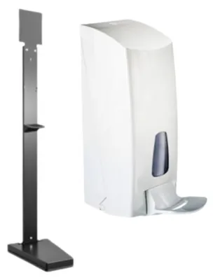 Produktbild von SET Desinfektionssäule aus pulverbeschichtetem Stahl + Desinfektionsmittelspender in Weiss mit Armhebel von Marplast Nachfüllbar, MP 855 + MP 612