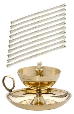 Produktbild von Ghee Lampe Öllampe aus Messing mit 10 Ersatzdochten Handarbeit für Haus und Garten groß