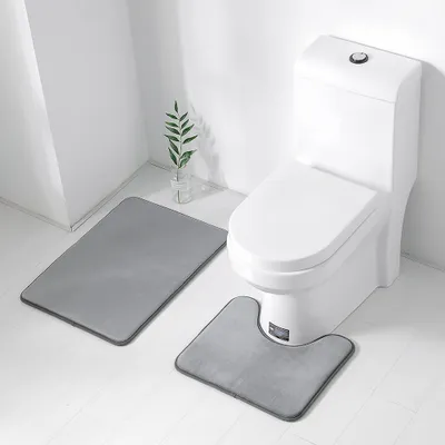 Produktbild von 2 Stück rutschfeste Badematten Set atmungsaktivem Memory-Schaum Bad-Teppiche angenehm weiches Wasser saugfähig WC-Teppich+ Badvorleger (Grau)
