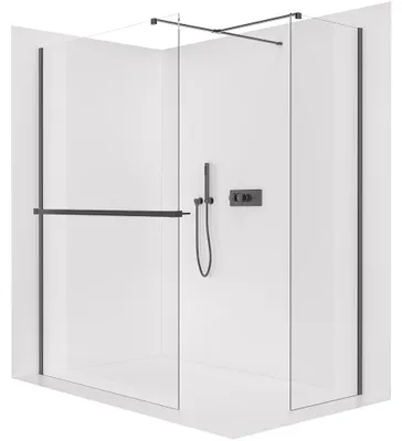 Image de Paroi de douche walk-in Onyx T, gauche/droite - 10 mm - profilé carré + étagère/porte-serviettes - noir mat, verre transparent - 110x100x200 cm