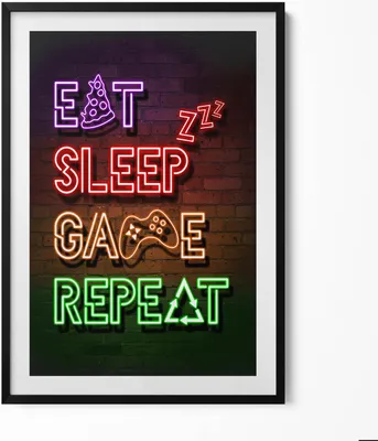 Produktbild von Beschriftung für Gamer „Eat sleep game repeat“– Wandbild mit Rahmen – Gerahmtes Bild  – Wanddekoration – 70x100 cm –  Schwarz Rahmen