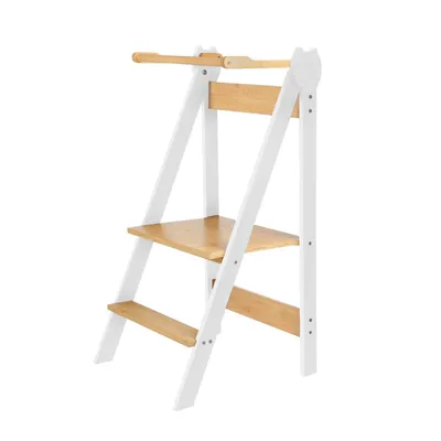 A wooden learning tower with white accents, displayed against a white background.