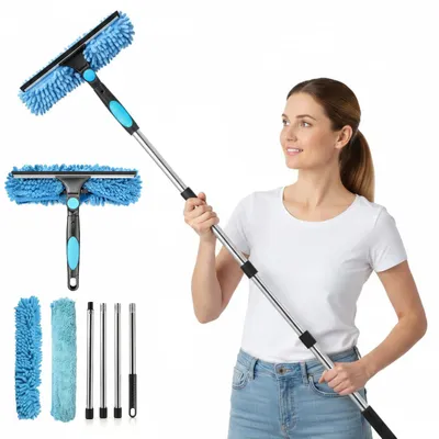 Teleskop-Fensterreiniger 2-in-1, 165 cm, mit Mikrofaser und Silikonabzieher