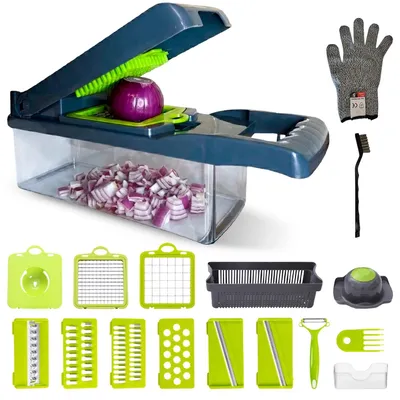Produktbild von Multifunktion Gemüseschneider & Mandoline – Gemüsehobel mit Auffangbehälter, Würfelschneider, Julienne, Gemüsereibe, Spiralschneider, Zerkleinerer, Zwiebelschneider, manueller Küchenhelfer