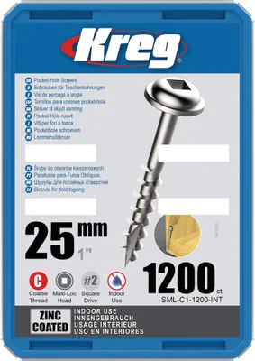 Produktbild von Kreg Pocket-Hole Schrauben 25 mm, Verzinkt, Maxi-Loc, Grobgewinde - 1200Stk.