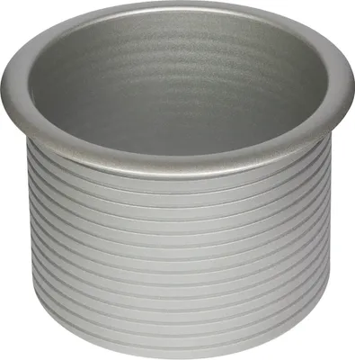 A close-up studio shot of a silver, cylindrical metal component with horizontal ridges.