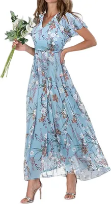 Obrázek produktu pro ASKSA Dámské letní šaty s květinovým potiskem Dlouhý volán s krátkým rukávem V krku Plážové šaty Boho Beach Midi Dress Casual Dress (Sea Blue,XXL)