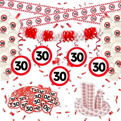 Image de Kit de décoration pour anniversaire : 30 ans. Motifs de panneaux de signalisation avec guirlande, confettis, ballons et serpentins. "30 ans".