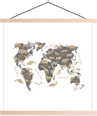 Produktbild von MuchoWow® Textilposter Weltkarte Kinder - Braun - Tiere 120x120 cm mit holzfarbenen Rahmen - Textil-Poster