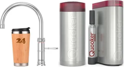 Produktbild von »QUOOKER CLASSIC FUSION ROUND Festauslauf Chrom COMBI B mit CUBE 2 (22CFRCHRCUBE)« 100°C Kochendwasserhahn mit Trinkwassersystem Inkl. Thermobecher