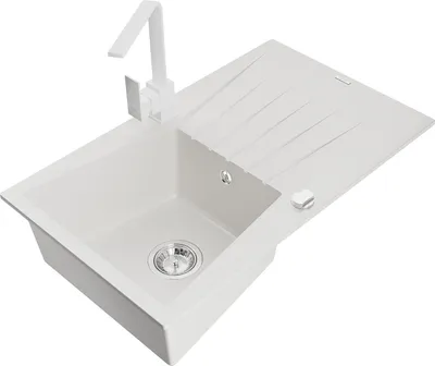 Produktbild von Mexen Cesar 1 Becken-Granitspüle mit Abtropffläche und Mischbatterie Rita, Weiß - 6514-20-670300-20