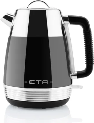 A studio shot of a black and silver electric kettle.