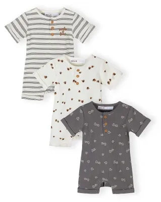 Produktbild von Minoti Overall Baby 3er-Pack 100% Baumwolle Offwhite mit Tiermotiven für Jungen und Mädchen - Kinder Overall Kurzarm