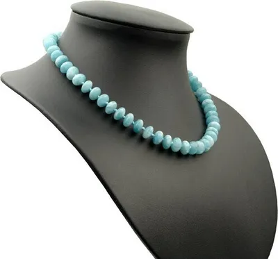 Produktbild von Kette Collier aus echtem Aquamarin Linsen glatt hellblau 48cm Aquamarinkette