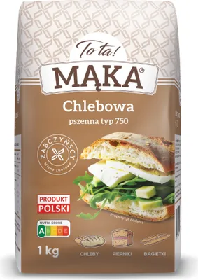 A bag of flour with an image of a sandwich on it.