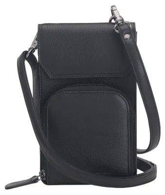 Produktbild von Josephine Osthoff Handy Umhängetasche mit Vortasche für Kopfhörer, handgemacht aus 100% Echtleder, Crossbody Schultergurt, 4 Kartenfächer