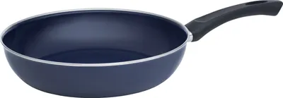 A blue wok with a black handle is shown against a white background.