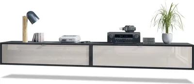 Produktbild von Vladon 2er-Set TV Board Lana 120,  Germany, Lowboards je 120 x 29 x 37 cm mit viel Stauraum, Korpus in Schwarz matt, Fronten in Sandgrau Hochglanz | Große Farbauswahl