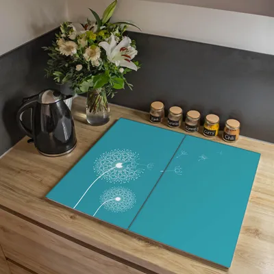 Produktbild von banjado Herdabdeckplatte zweiteilig je 30x52cm groß mit Gummi Abstandshalter, ESG Sicherheitsglas mit Motiv Pusteblume 4 [HAP2 11123]
