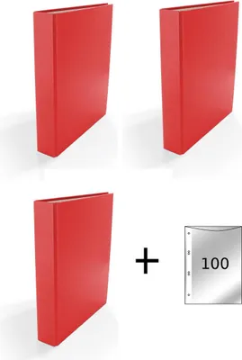 Produktbild von 3x Ringbuch / DIN A5 / 4-Ring Ordner / Farbe: rot + 100 Prospekthüllen